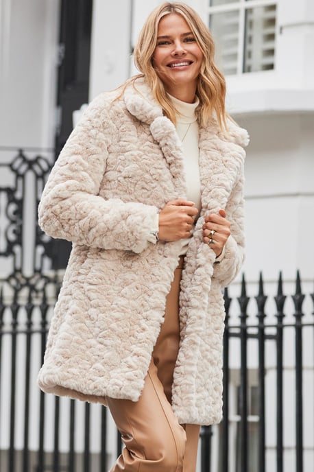 Cream Textured Faux Fur Coat