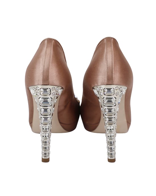 Miu Miu Crystal Embellished Peep Toe Platform Pumps in Nude Satin - Image 4