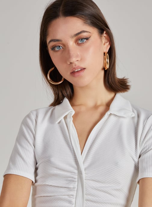 Ribbed Side Ruched Mini Short Sleeve Button Up Ribbed Ruched Mini Dress