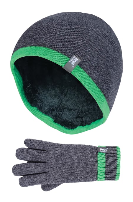 Heat Holders - Children Boys Winter Warm Fleece Lined Insulated Knit Turn Over Cuff Ribbed Hat and Gloves Set - CG1P8 - Image 1