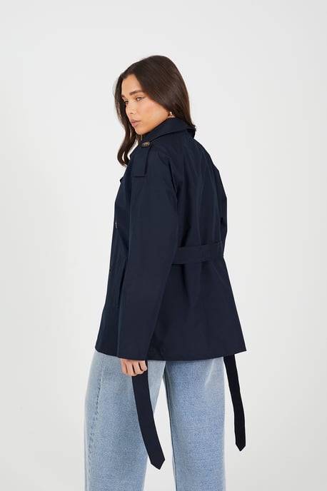 Navy Double Breasted Short Mac With Self Tie Belt