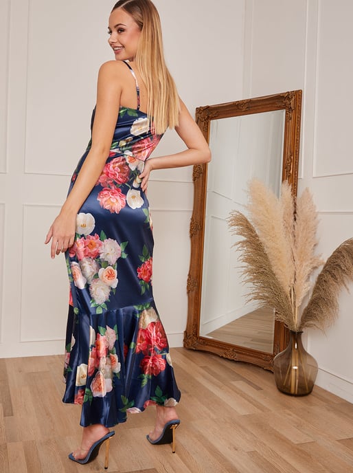 Petite Sleeveless Floral Print Midi Dress in Navy