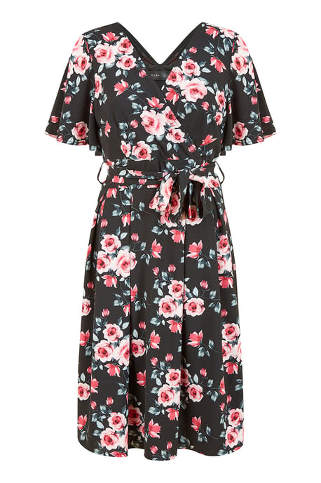 Black Floral Wrap Dress With Angel Sleeve