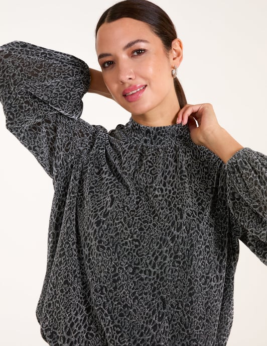 High Neck Puffball Hem Blouse