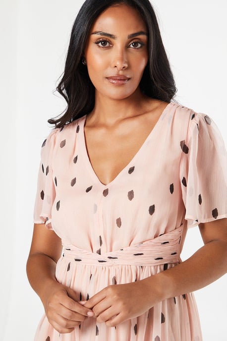 Petite Spot Pleated Waist Midi Dress