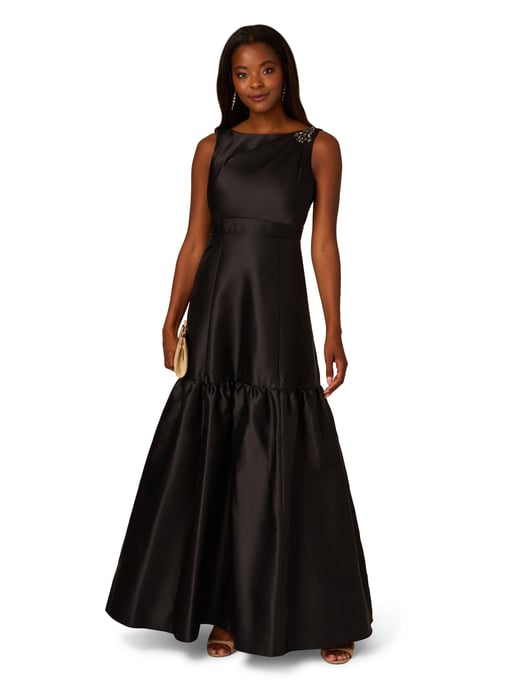 Mikado Flounce Shirred Gown in Black