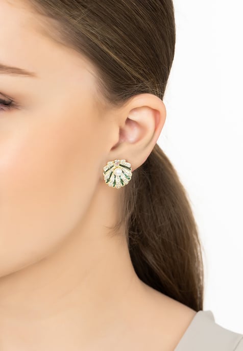 Art Deco Scallop Shell Earrings Emerald Green With Pearl Gold