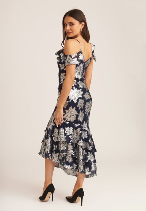 Floral Clipped Tiered Ruffle Midi Dress