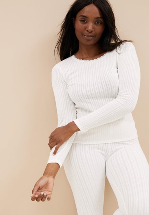 M&S Womens Pack of 2 Thermal Pointelle Long Sleeve Tops in White - Image 2