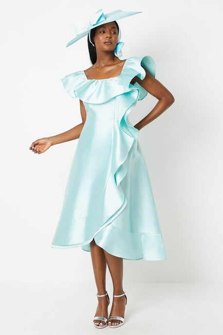 Lisa Tan Off Shoulder Ruffle Twill Midi Dress