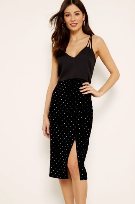 Black Velvet Diamante Split Detail Skirt
