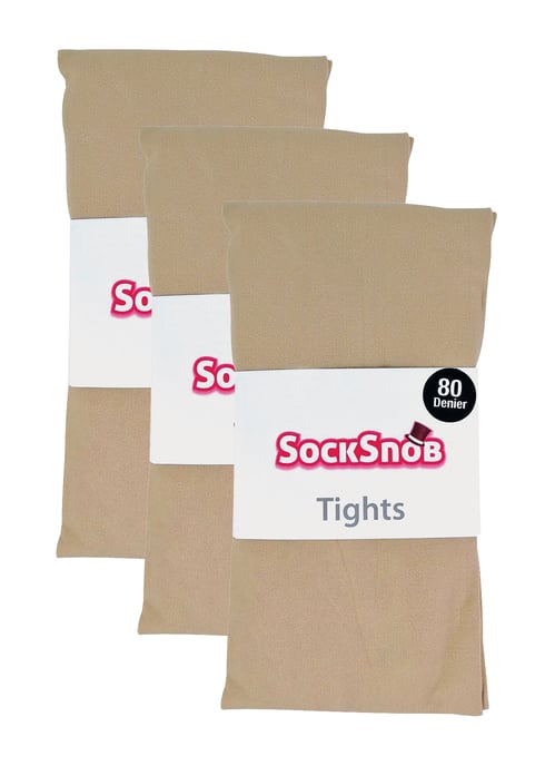 3 Pair Multipack Womens Coloured Opaque 80 Denier Tights | Sock Snob | Plain Block Colour Tights - Natural - Image 2
