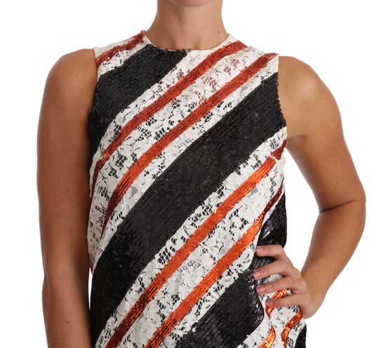 Dolce & Gabbana White and orangeSequin Floral Lace Embellished Shift dress - Image 4