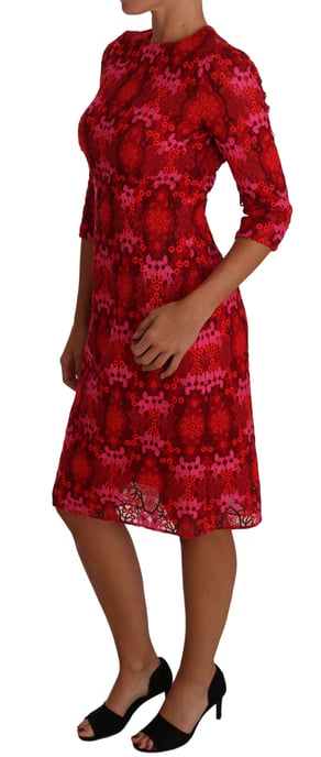Dolce & Gabbana Floral Crochet Lace Red Pink Sheath Dress - Image 3