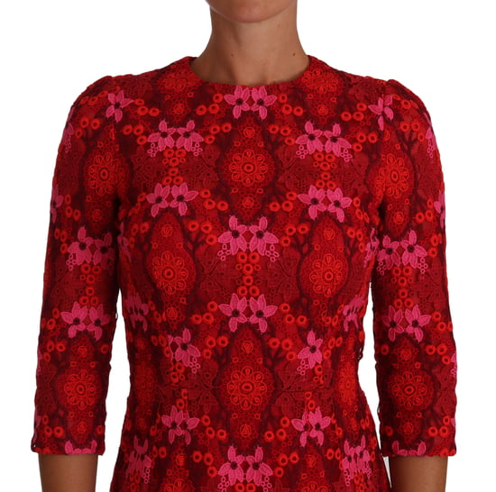 Dolce & Gabbana Floral Crochet Lace Red Pink Sheath Dress - Image 4