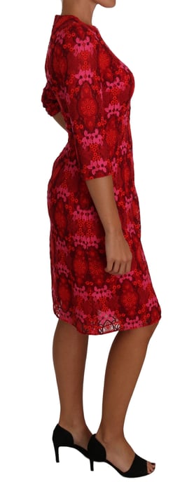 Dolce & Gabbana Floral Crochet Lace Red Pink Sheath Dress - Image 5