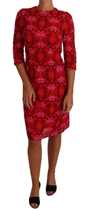 Dolce & Gabbana Floral Crochet Lace Red Pink Sheath Dress - Image 1