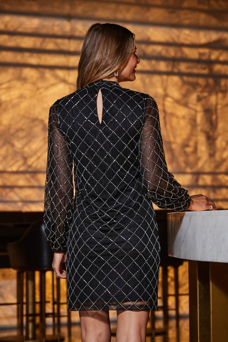 Black Geometric Embellished Belted Shift Dress