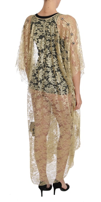 Dolce & Gabbana Gold Floral Lace Crystal Gown Cape Dress - Image 2