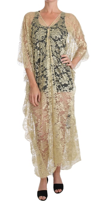 Dolce & Gabbana Gold Floral Lace Crystal Gown Cape Dress - Image 1
