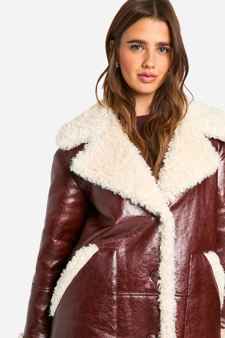 Faux Leather Teddy Trim Longline Aviator Jacket