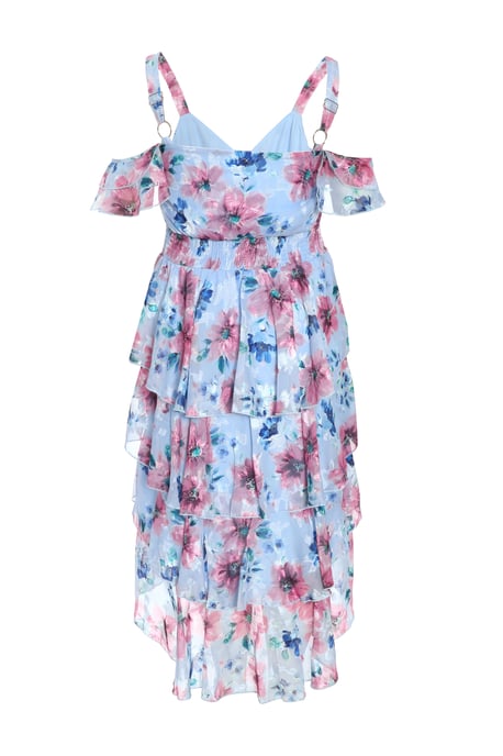 Curve Blue Floral Chiffon Tiered Midi Dress