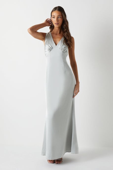 Bow Back V Neck Satin Bridesmaids Dress - Image 2