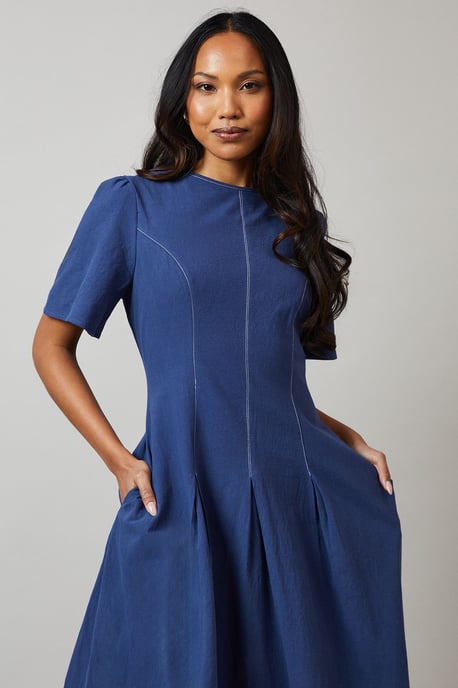Royal Blue Seam Detail Inserted Pleat Detail Midi Dress - Image 4