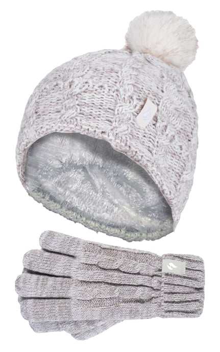 Heat Holders - Girls Bobble Pom Pom Hat and Gloves Set | Turn Over Cuff Hat & Cable Knit Gloves Style - Oatmeal Twist - Image 1