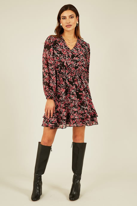 Black Blossom Print Ruched Waist Long Sleeve Skater Dress