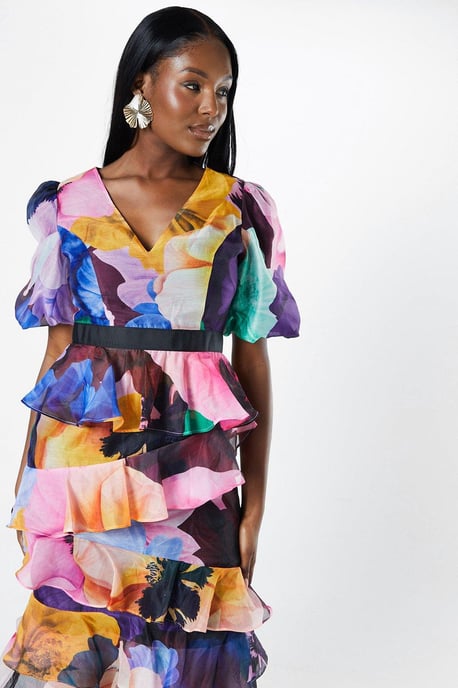 Floral Print Tiered Skirt Puff Sleeve Midi Dress