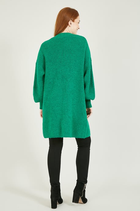 Yumi Green Knitted Long Cardigan With Pocket