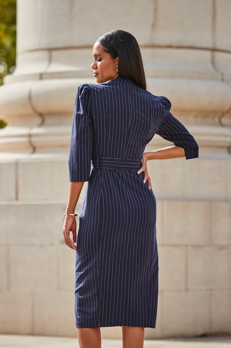 Navy Blue Pinstripe Belted Pencil Dress