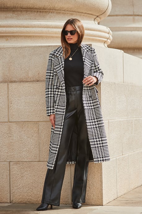 Black & White Dogtooth Print Longline Coat