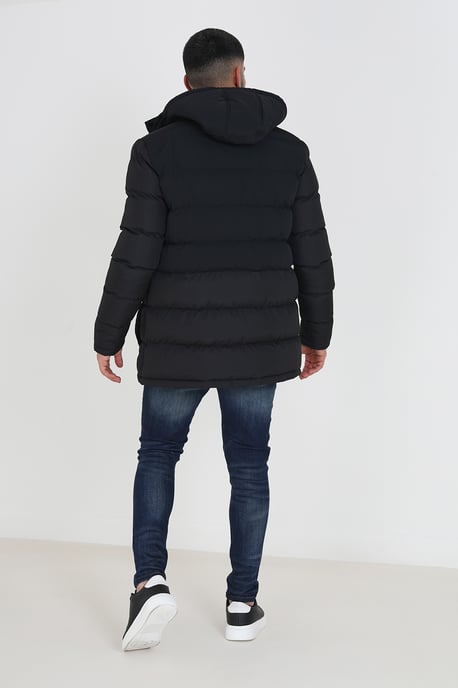 Black 'Windsurf' Mixed Fabric Hooded Puffer Parka Jacket