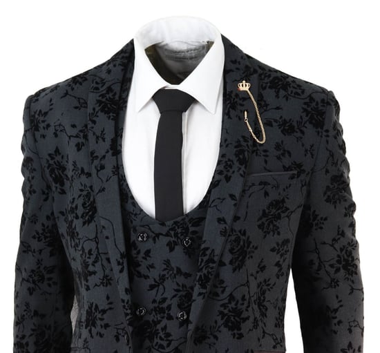 Mens 3 Piece Black Paisley Velvet Dinner Suit - Image 5