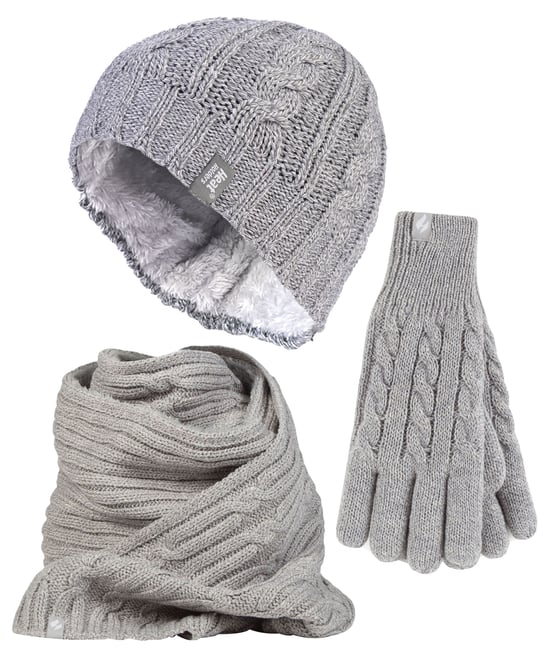 Ladies Knitted Hat Scarf & Gloves Set | Heat Holders | Womens Fleece Lined Thermal Cold Weather Set for Winter - Light Grey - Image 1