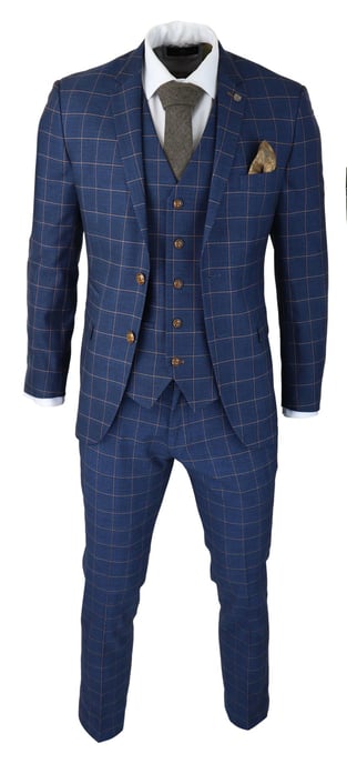 Mens 3 Piece Suit Blue Gold Check Peaky Blinders 1920 Gatsby Smart Vintage Suit - Image 2
