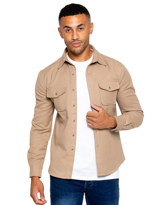 Enzo | Mens Textured Overshirt - Sand - Image 1