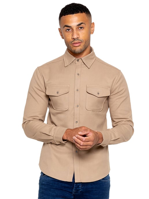 Enzo | Mens Textured Overshirt - Sand - Image 3
