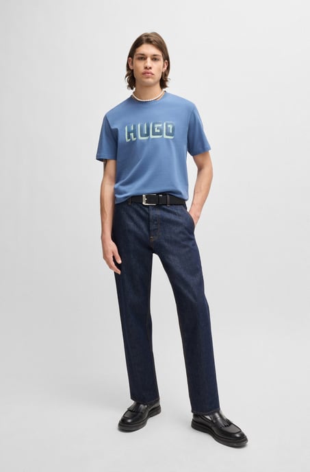 Men's Hugo Logo Print Cotton-Jersey T-Shirt in Blue