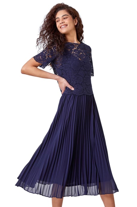 Lace Top Overlay Pleated Midi Dress