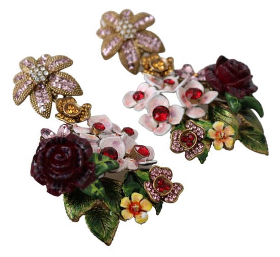 Dolce & Gabbana Women's Gold Crystal Floral Filigree Roses Red Bouquet Clip-on Earrings