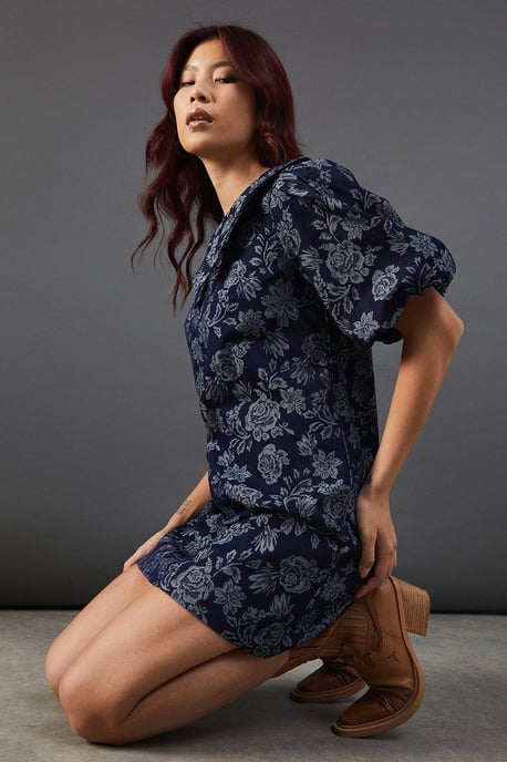 Denim Rose Jacquard Pointed Collar Mini Dress