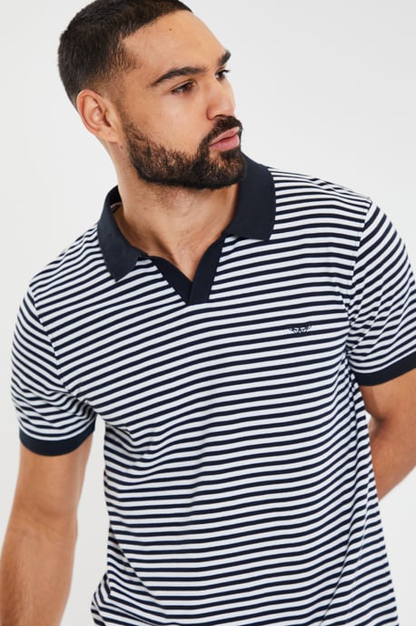 Navy 'Domino' Revere Collar Striped Pique Polo
