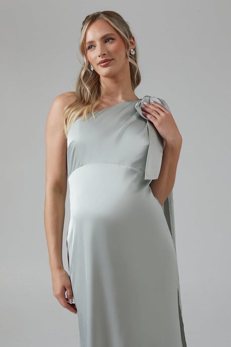 Maternity Bow And Drape Detail One Shoulder Satin Bridesmaids Dress - Image 2