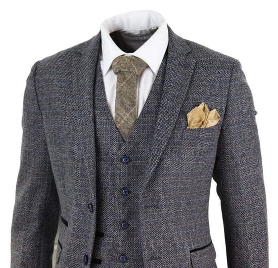 Mens 3 Piece Navy Blue Tweed Check Vintage Retro Suit - Image 5