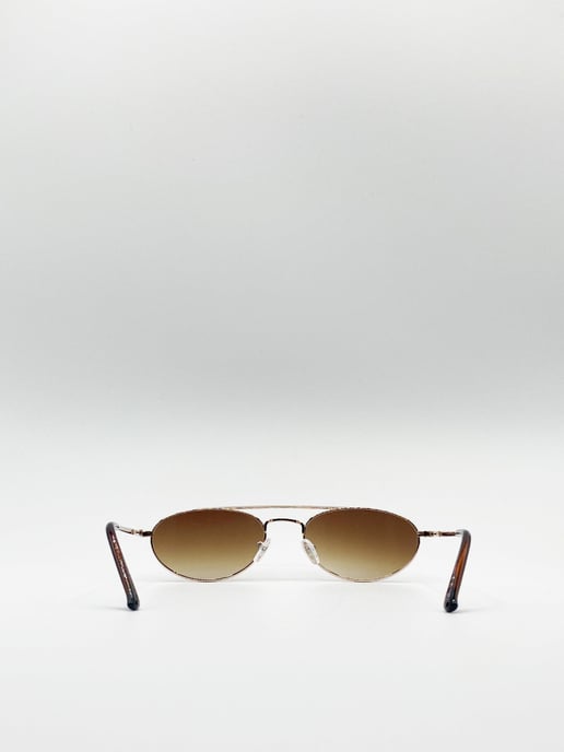 Double Bridge Fashion Metal Sunglasses With Brown Tinted Lenses