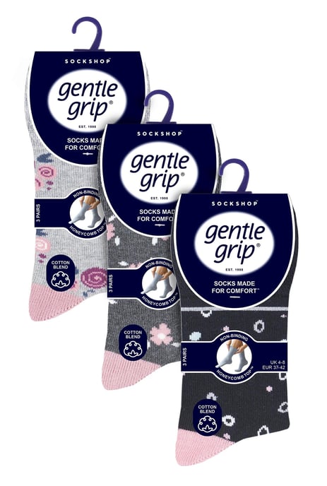 9 Pair Multipack Ladies Cotton Crew Non Elastic Socks | Gentle Grip | Womens Soft Top Striped Patterned Non Binding Socks - Floral Spot - Image 2
