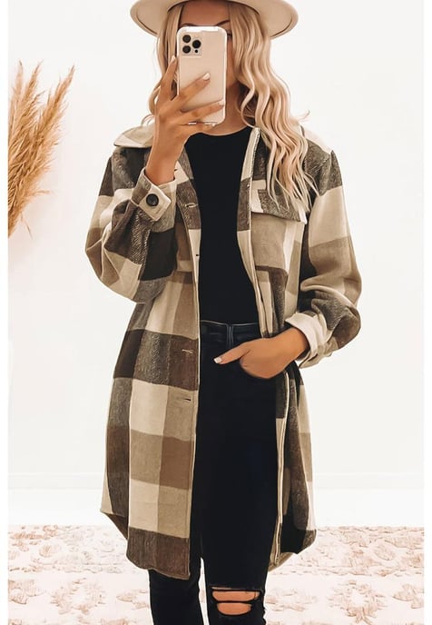 Women's Plaid Button-Down Long Shacket in Khaki - Image 4